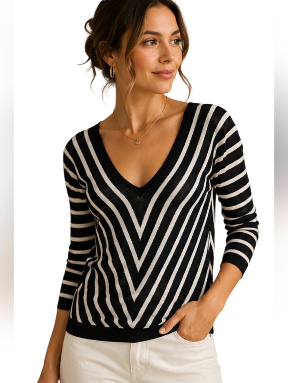 Zara Knit Black & White Chevron Stripe V-Neck Sweater Top Size Smal
